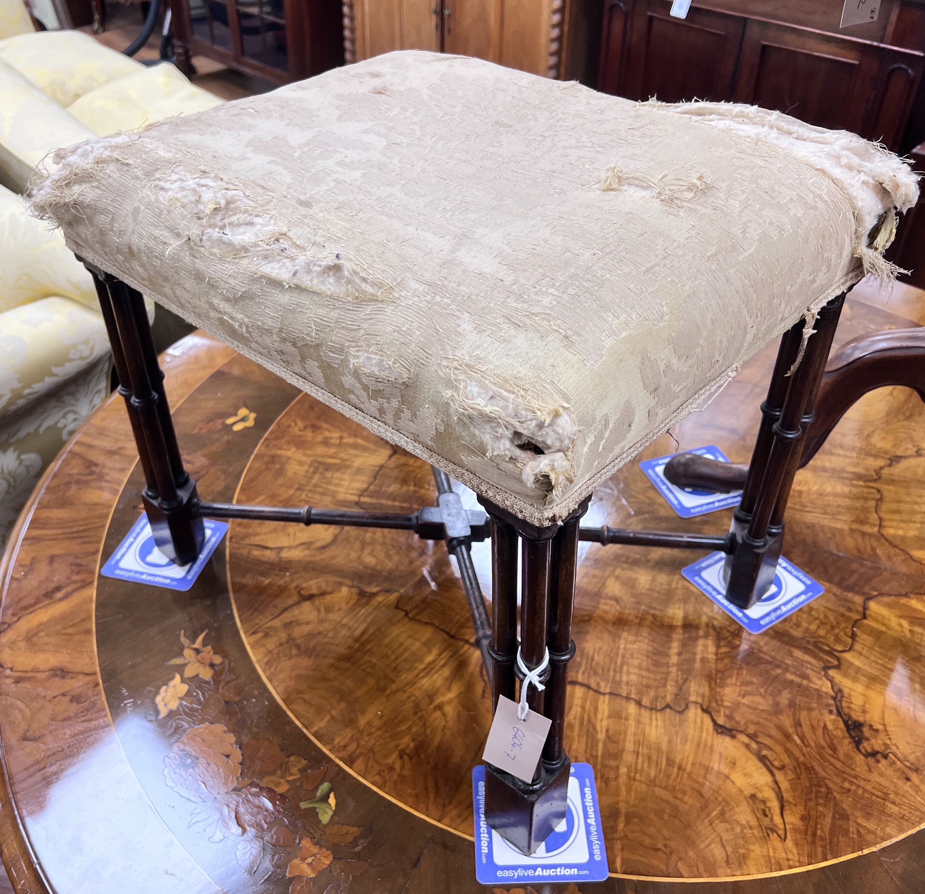 A George III style rectangular mahogany dressing stool with cluster column leg, width 48cm, depth 38cm, height 40cm